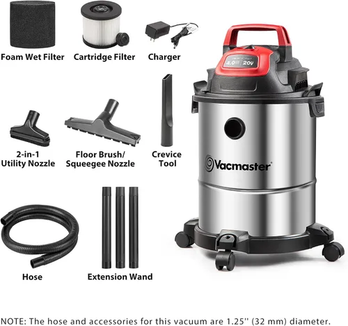 Vista 2 de Vacmaster DVOM204S 1101 4-Gal 20V Inalámbrico Acero Inoxidable Aspiradora Seca Roja