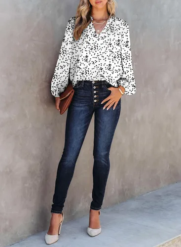 Vista 3 de Dokotoo - Camisetas de gasa para mujer, manga larga con fruncidos, cuello en V, estampado floral, blusa tipo Alicia, estilo informal y bohemio