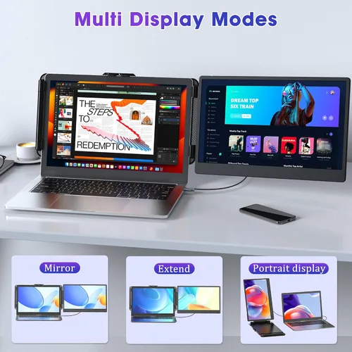 Vista 5 de Monitor portátil triple para portátil, extensor de pantalla de doble monitor de 14 pulgadas, FHD 1080P, pantalla de tres pantallas, 4 altavoces