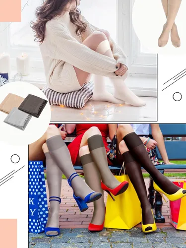 Vista 4 de Preboun 50 pares de medias altas de nailon para mujer con bolsa de maquillaje de PVC
