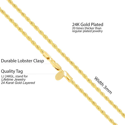 Vista 4 de LIFETIME JEWELRY 3mm Diamond Cut Rope Chain Necklace 24k Real Gold Plated