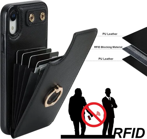 Vista 5 de Folosu Funda compatible con iPhone XR con soporte para tarjetas, rotación de 360°, soporte de anillo de dedo con función atril, bloqueo RFID, piel