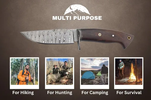 Vista 8 de Cuchillo de caza de Damasco hecho a mano con funda de cuero de transporte horizontal, hoja fija de espiga completa para camping, senderismo