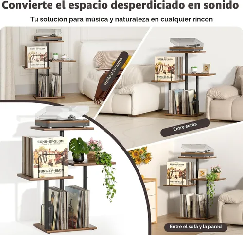 Vista 3 de Bikoney - Soporte Botánico para Tocadiscos con Almacenamiento de Vinilo, Mueble de Mesa para Tocadiscos de Madera con Estante para Discos LP