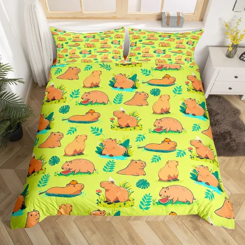 Vista 2 de Capybaras - Juego de funda de edredón tamaño individual, juego de ropa de cama para niños y niñas, diseño de zoológico de dibujos animados, juego