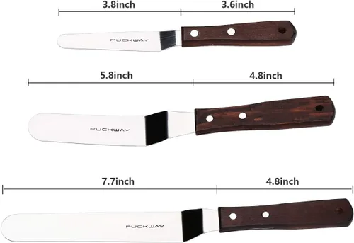 Vista 2 de Juego de 3 espátulas profesionales de acero inoxidable para glaseado (hoja flexible resistente de 4 a 6 a 8 pulgadas) en ángulo con mango de madera