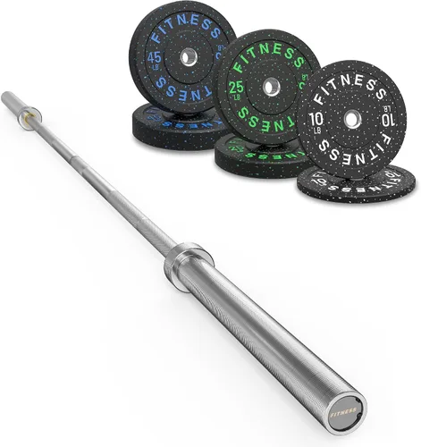 Vista 32 de Olympic Barbell Set, 2-Inch Bumper Plates with Weight Plate Rack Colored Crumb Rubber Weight Plates for Weight Lifting & Strength Training, 90–530