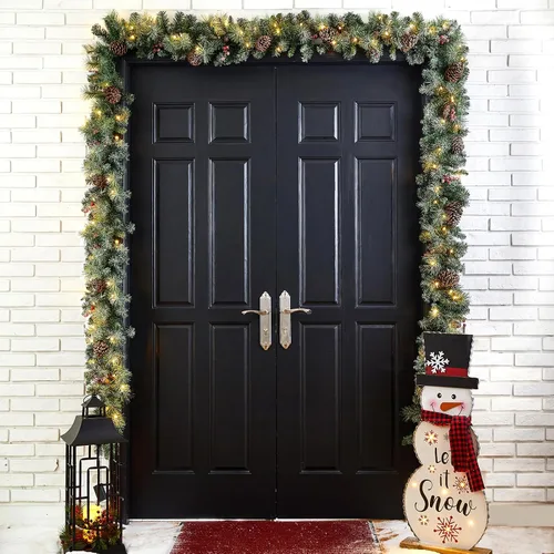 Vista 3 de Glitzhome - Guirnalda de Navidad de 9 pies con luces, guirnalda de Navidad para repisa, guirnalda de Navidad artificial preiluminada con conos