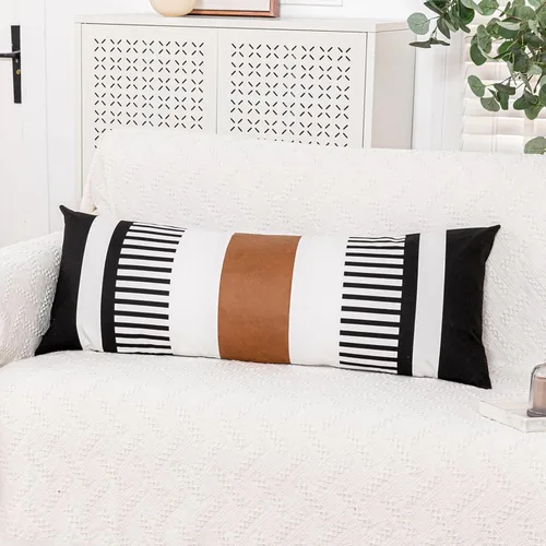 Vista 24 de Juego de 2 fundas de almohada bohemias a rayas de 16 x 16 pulgadas, fundas de almohada de cuero modernas para sofá, cama, decoración de granja