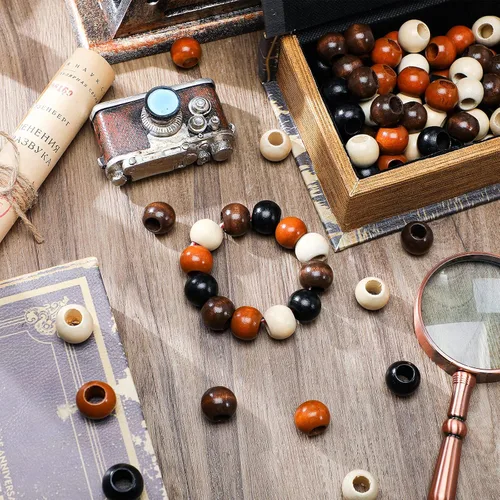 Vista 3 de 160 piezas de perlas de madera de barril de agujero grande, cuentas de macramé de madera natural, cuentas espaciadoras sueltas sin terminar, cuentas