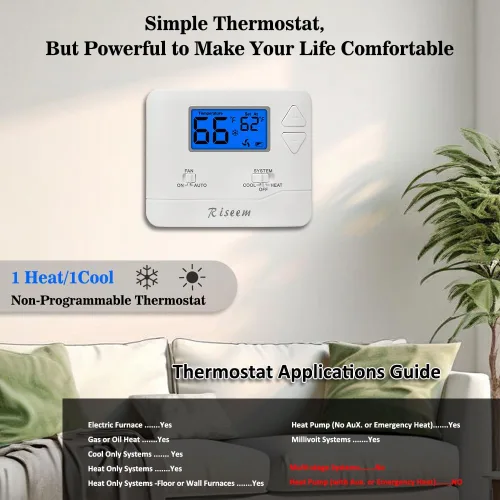 Vista 7 de Termostato no programable para sistemas domésticos de una sola etapa, 1 calor/1 fresco, fácil de instalar, retroiluminación azul