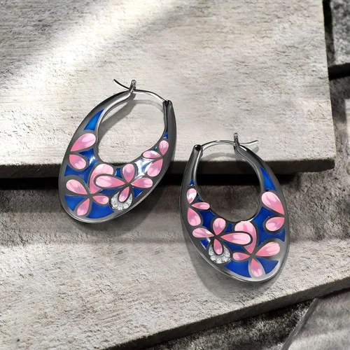 Vista 3 de Santuzza Pendientes de aro de plata de ley 925 hechos a mano con flores esmaltadas