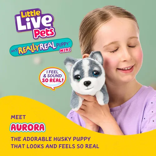 Vista 2 de Little Live Pets Mi cachorro realmente real Mini Aurora El Husky, juguete de peluche interactivo con cesta de exhibición, más de 20 sonidos