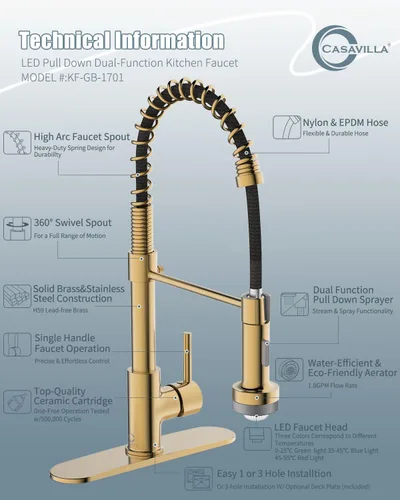 Vista 9 de Grifo de cocina LED, grifo de cocina de oro cepillado con dispensador de jabón y placa de cubierta, grifo para fregadero de cocina de casa rodante C