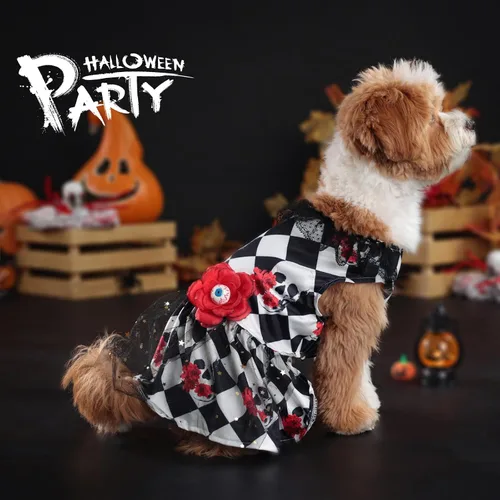 Vista 5 de Vestido de Halloween para perro, disfraz de esqueleto de Halloween para perros, divertido vestido de cachorro de Halloween con flor para perros