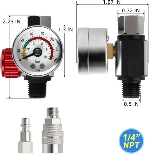 Vista 2 de MEANLIN MEASURE Válvula reguladora de ajuste de aire, con calibre de 140 PSI, entrada NPT de 1/4 pulgadas con calibre de 140 PSI para pistola