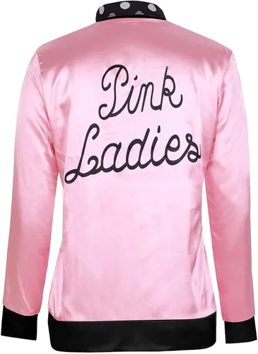 Vista 2 de GeGeGe 50S Pink Lady Satin Jacket with Black Scarf Halloween Cosplay Baseball Uniform Latin Dance Performance