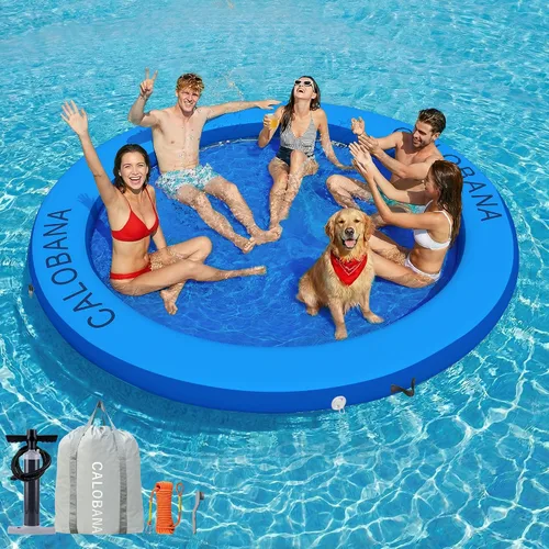 Vista 10 de CALOBANA Hamaca de agua inflable redonda flotante, flota lago isla balsa plataforma de muelle inflable para adultos, piscina, río, fiesta en la playa