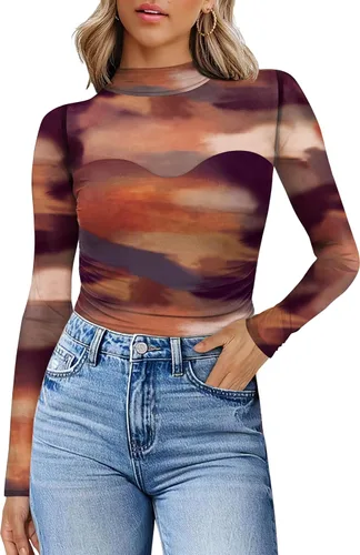 Vista 26 de Camisas de manga larga de malla sexy para mujer, ropa de moda, cuello de tortuga, drapeada, para salir, trajes de otoño, blusas ajustadas Negro