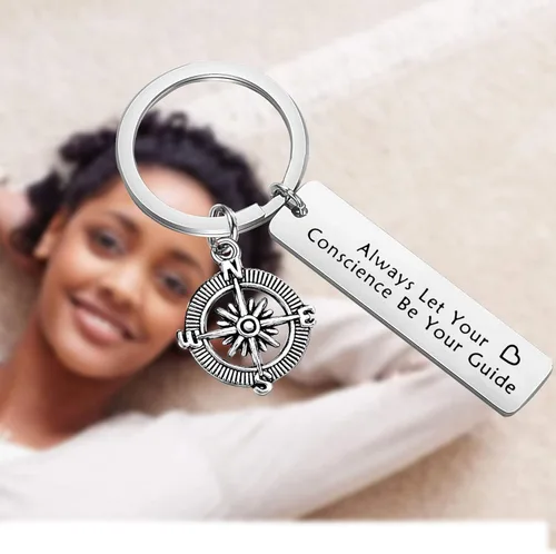 Vista 3 de PLITI Llavero inspirador de graduación, regalos para siempre deja que tu conciencia sea tu guía de joyería para hija e hijo