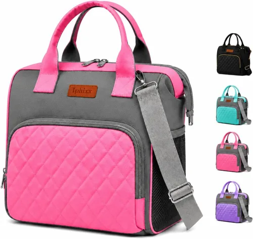 Vista 8 de iPhixx Bolsa de almuerzo aislada para mujer, bolsa de almuerzo ligera y reutilizable, lonchera para mujer con correa ajustable para el hombro, bolsa