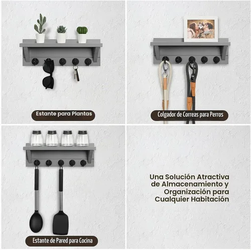 Vista 7 de Lwenki Soporte para Llaves de Pared con Estante, Estante Rústico con Ganchos Hecho de Madera de Paulownia que Sostiene Llaves, Correa de Perro Gris