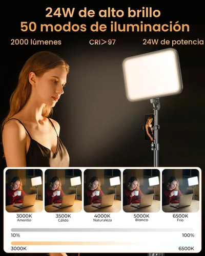 Vista 3 de Torjim Kit de luz de video de 11 pulgadas para creadores, luces de estudio de alto brillo de 24 W con soporte de trípode, soporte para teléfono