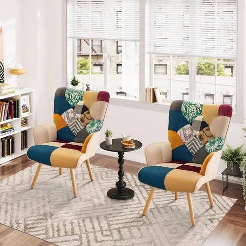 Vista 12 de Silla de Acento, Silla de Sala de Estar, Sillón Moderno de Respaldo Alto, Sillas de Lectura de Patchwork Colorido para Dormitorio, Silla de Descanso