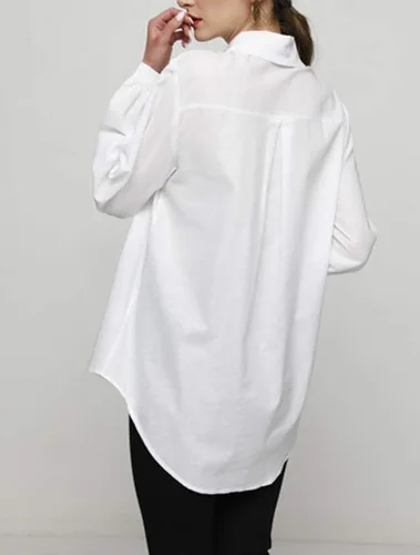 Vista 3 de FTCayanz Blusas casuales de lino para mujer, cuello en V, manga larga, con botones