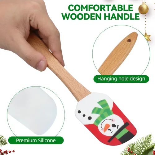 Vista 5 de DOITOOL 8 espátulas de silicona de Navidad, Papá Noel, alce, muñeco de nieve, muñecos de nieve, espátula para pastel de Navidad con mango de madera