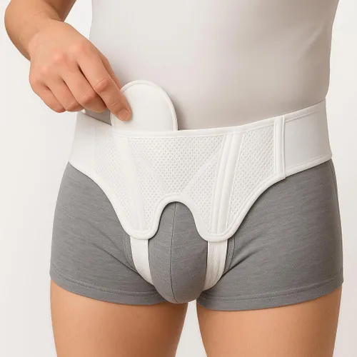 Vista 2 de Cinturón de soporte y braguero de doble hernia blanco ajustable con almohadillas de compresión - Pequeño