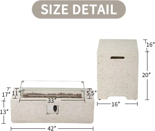 Vista 4 de SUNBURY Mesa de fuego de propano para exteriores de 42 pulgadas, mesa rectangular con tanque de 40,000 BTU, mesa de gas blanca manchada para patio