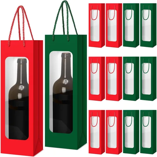 Vista 14 de Tioncy 24 bolsas de regalo de botella de vino individual de Navidad, bolsas de champán para bodas a granel con ventana transparente, cajas