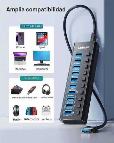 Vista 6 de Hub USB alimentado 3.0, Leinsis Hub USB 3.0 de 10 puertos [aluminio duradero] 10 puertos de transferencia de datos + 4 puertos de carga inteligente