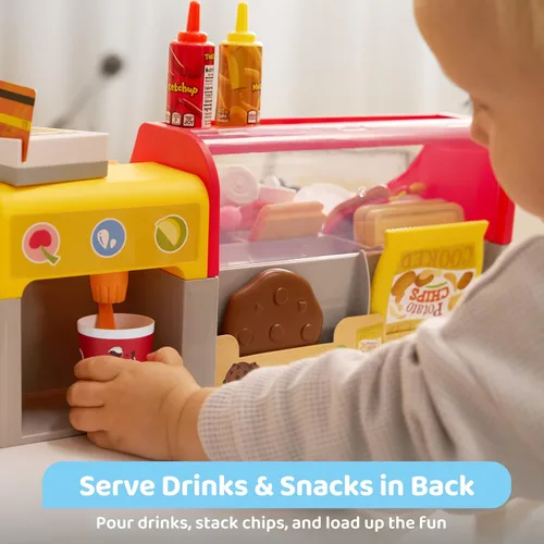 Vista 8 de Juguete de restaurante y comida de juego de simulación para niños, accesorios de cocina de juego incluyen sandwichera de juguete con rebanador