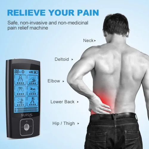 Vista 2 de NURSAL Unidad EMS TENS de doble canal, 24 modos, estimulador muscular para alivio del dolor y fuerza muscular con 14 almohadillas, masajeador