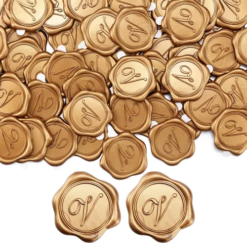 Vista 36 de Yoption - Pegatinas adhesivas de sello de cera con letra inicial A, paquete de 25 pegatinas de sello de cera con letra antigua dorada, sellos