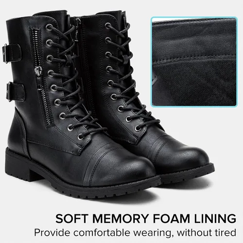 Vista 7 de Vepose Botas de combate para mujer, tacón bajo, botas militares a media pantorrilla con bolsillo para tarjetero, cuchillo y cartera