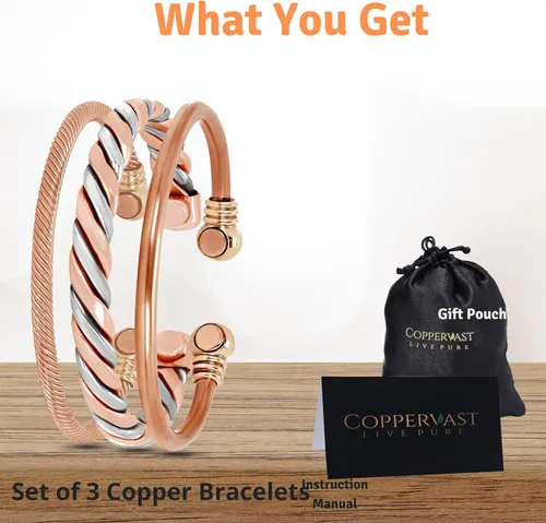 Vista 3 de Coppervast Pulseras de cobre para hombre y mujer Juego de 3 con bolsa de regalo Hecho a mano 100% cobre