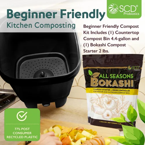 Vista 2 de Kit de iniciación de compostador para interiores All Seasons – Contenedor de compost Organko negro de 4.4 galones para encimera de cocina