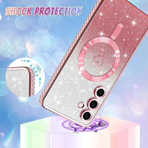 Vista 317 de Bonoma - Funda compatible con Samsung Galaxy S21 Plus, diseño de corazón con purpurina, color rosa Support for MagSafe, Plating Magnetic Case TPU