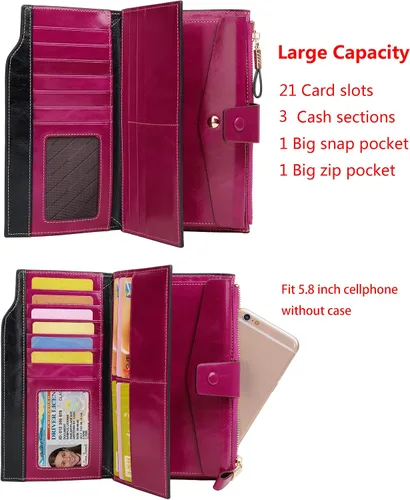 Vista 4 de YALUXE Cartera de piel auténtica para mujer, con bloqueo RFID, tarjetero múltiple con bolsillo para teléfono celular