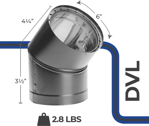 Vista 3 de DuraVent 6DVL-E45 DVL Pared doble de acero galvanizado/acero inoxidable para estufa de leña, conector de codo de 45 grados, diámetro de 6 pulgadas