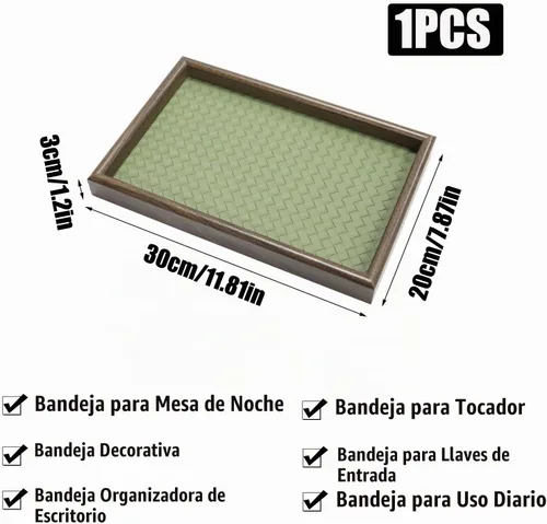 Vista 3 de Bandeja de valet de madera con base de cuero, verde
