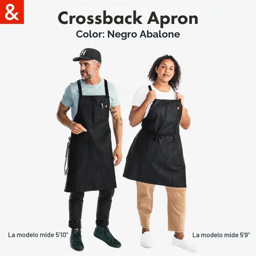 Vista 6 de hedley & bennett Delantal con babero cruzado - Delantal de chef con bolsillos - 100% Algodón Denim, 8oz - Negro Abalone Adjustable straps ease