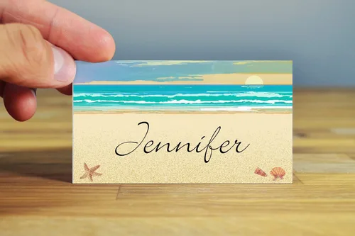 Vista 5 de Tarjetas de lugar con nombre de playa, 25 tarjetas de identificación para asientos de invitados, tiendas de campaña de playa y mesa tropical