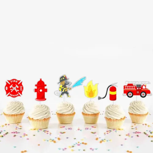 Vista 5 de Juego de 18 adornos para magdalenas de bomberos, camión de bomberos, extintor de incendios, boca de incendios, temática de bomberos, baby shower