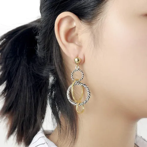 Vista 4 de UNY - Aretes colgantes inspirados en la marca, joyería de varios aros trenzados, alambre trenzado de 2 tonos, regalo de Navidad
