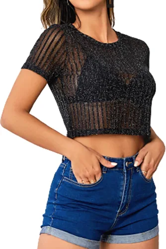 Vista 2 de Verdusa Camiseta corta de malla para mujer, manga corta, cuello redondo, transparente, camiseta
