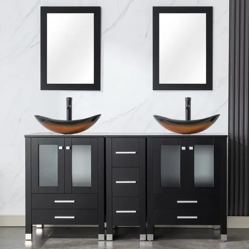 Vista 24 de LUCKWIND 60" Double 24" Bathroom Vanity with Sink Combo, Elegant Series with One 12.6-in Side Cabinet, Painted Frame, Including Tempered Glass Round